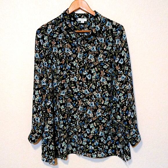 J. Jill dark floral button up long sleeve tunic medium petite - Picture 1 of 5